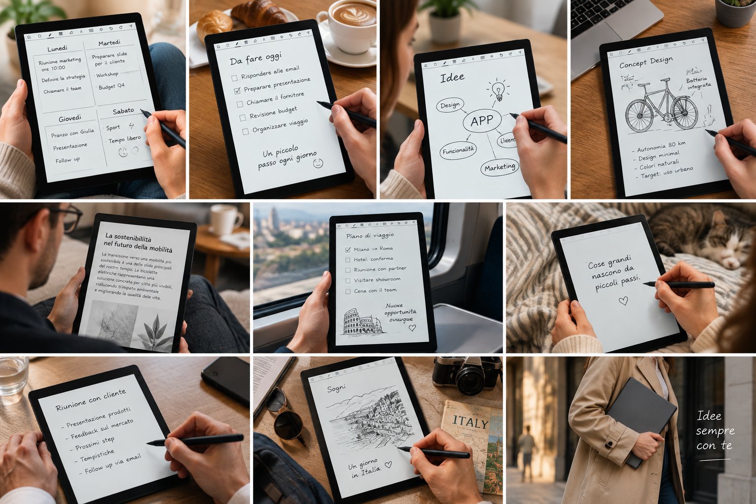Dieci scene di utilizzo di notando Pro: planner settimanale, lista delle cose da fare, mappe mentali, schizzi di design, lettura, viaggi e appunti di riunione